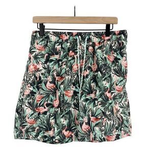 Goodfellow & Co Tropical Flamingo Print Above‎ Knee Swim Trunks Green Size Large